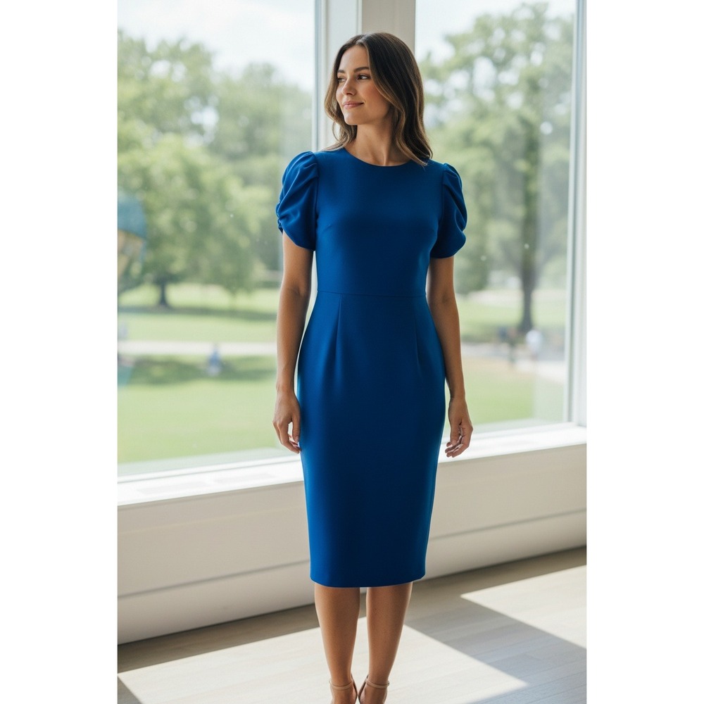 Calvin Klein Sheath Dress Women Royal Blue Tulip Sleeve Midi CD0C11TD Size 14